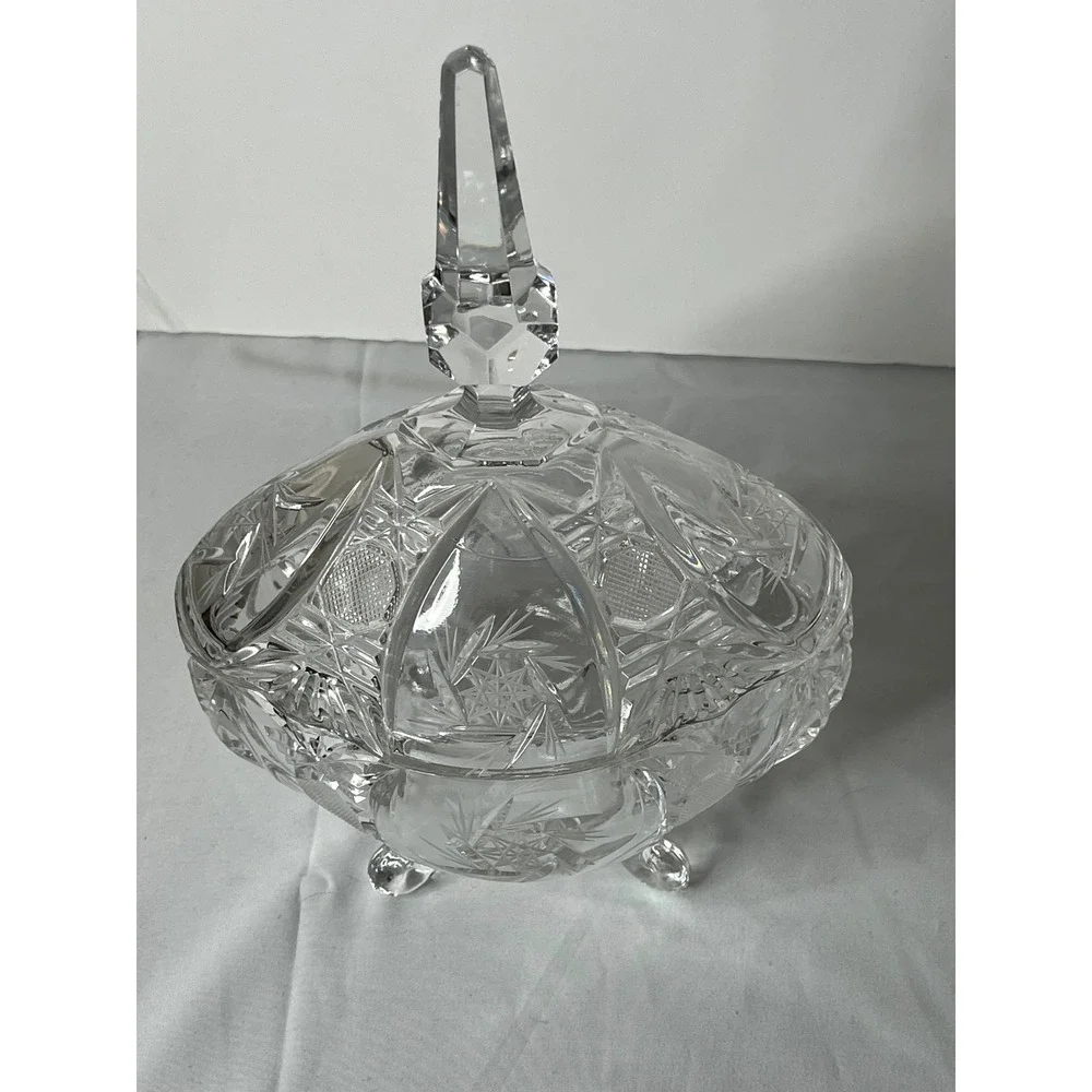 Vintage Tall Crystal Candy Dish‎ Footed w/ Lid Cut Glass Starburst Pattern Heavy